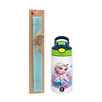 Elsa Princess, Easter Set, Children's thermal stainless steel bottle with safety straw, green/blue (350ml) & aromatic flat Easter candle (30cm) (TURQUOISE)