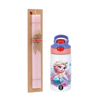 Elsa Princess, Easter Set, Children's thermal stainless steel water bottle with safety straw, pink/purple (350ml) & Easter scented flat candle (30cm) (PINK)