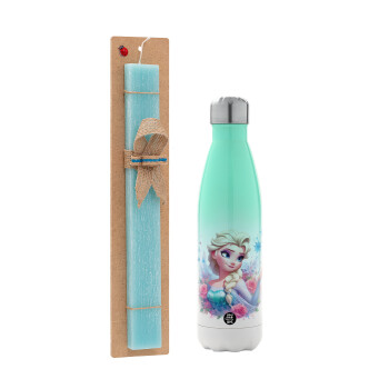 Elsa Princess, Easter Set, Metallic green/white thermos (Stainless steel), double-walled, 500ml & scented flat Easter candle (30cm) (TURQUOISE)