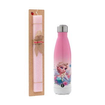 Elsa Princess, Easter Set, Metallic pink/white (Stainless steel) thermos, double-walled, 500ml & aromatic flat Easter candle (30cm) (PINK)