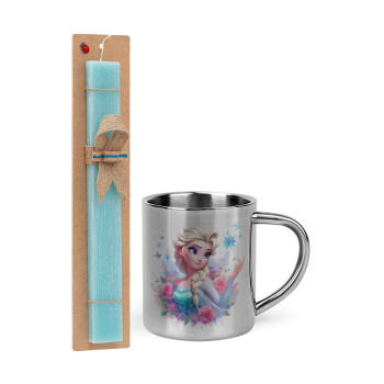 Elsa Princess, Easter Set, metallic thermal cup (300ml) & aromatic flat Easter candle (30cm) (TURQUOISE)