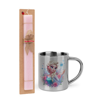 Elsa Princess, Easter Set, metallic thermal cup (300ml) & aromatic flat Easter candle (30cm) (PINK)