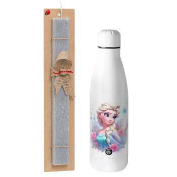 Elsa Princess, Easter Set, metallic stainless thermos bottle (500ml) & scented flat Easter candle (30cm) (GRAY)