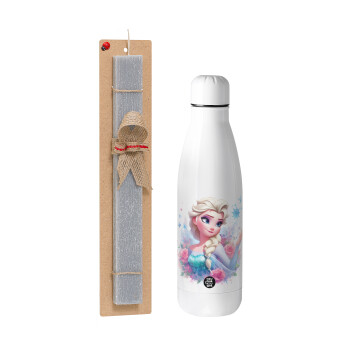 Elsa Princess, Πασχαλινό Σετ, μεταλλικό παγούρι Inox (700ml) & πασχαλινή λαμπάδα αρωματική πλακέ (30cm) (ΓΚΡΙ)