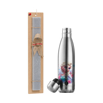 Elsa Princess, Easter Set, metallic stainless thermos flask (500ml) & scented flat Easter candle (30cm) (GRAY)