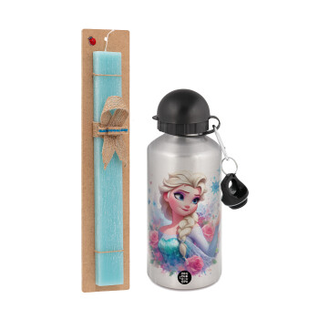 Elsa Princess, Easter Set, metallic silver aluminum water bottle (500ml) & scented flat Easter candle (30cm) (TURQUOISE)