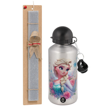 Elsa Princess, Easter Set, metallic silver aluminum water bottle (500ml) & aromatic flat Easter candle (30cm) (GRAY)