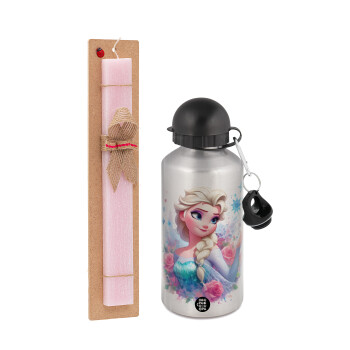 Elsa Princess, Easter Set, metallic Silver aluminum water bottle (500ml) & scented flat Easter candle (30cm) (PINK)