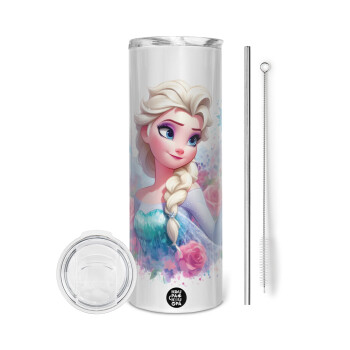 Elsa Princess, Eco friendly ποτήρι θερμό (tumbler) από ανοξείδωτο ατσάλι 600ml, με μεταλλικό καλαμάκι & βούρτσα καθαρισμού