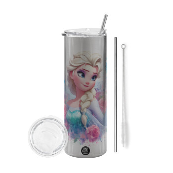 Elsa Princess, Eco friendly ποτήρι θερμό Ασημένιο (tumbler) από ανοξείδωτο ατσάλι 600ml, με μεταλλικό καλαμάκι & βούρτσα καθαρισμού