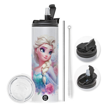 Elsa Princess, Travel Tumbler θερμό με διπλό καπάκι, μεταλλικό καλαμάκι και βούρτσα καθαρισμού (Ανωξείδωτο 304 Food grade, BPA free, 600ml)