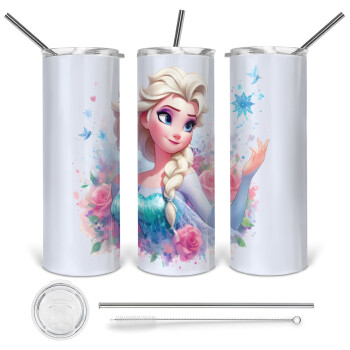 Elsa Princess, 360 Eco friendly ποτήρι θερμό (tumbler) από ανοξείδωτο ατσάλι 600ml, με μεταλλικό καλαμάκι & βούρτσα καθαρισμού