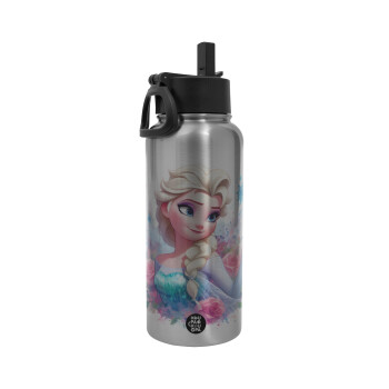 Elsa Princess, Metal mug thermo Silver with Straw and Spout Lid (Stainless steel), double wall, 950ml