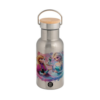 Elsa & Anna Princess, Stainless steel metallic thermos flask, silver with a bamboo lid, double-walled, 350ml.