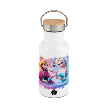 Elsa & Anna Princess, Metallic thermos (Stainless steel) White with wooden lid (bamboo), double-walled, 350ml