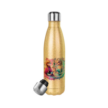 Elsa & Anna Princess, Glitter gold stainless steel thermos bottle, double-walled, 500ml