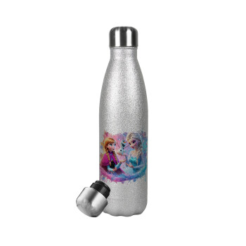 Elsa & Anna Princess, Metallic Glitter Silver Thermos Flask (Stainless steel), double-walled, 500ml