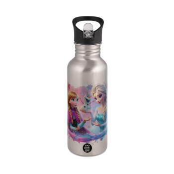 Elsa & Anna Princess, Water bottle Silver with straw, stainless steel 600ml