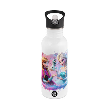 Elsa & Anna Princess, White water bottle with straw, stainless steel 600ml