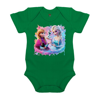 Elsa & Anna Princess, Βρεφικό φορμάκι μωρού, ΠΡΑΣΙΝΟ, 100% Organic Cotton, κοντομάνικο