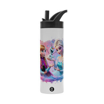 Elsa & Anna Princess, Metallic thermos bottle with straw & handle, stainless steel (Stainless steel 304), double-walled, 600ml.