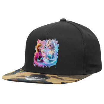 Elsa & Anna Princess, Adult Flat Snapback Hat Black/Camouflage, (100% COTTON TWILL, ADULT, UNISEX, ONE SIZE)