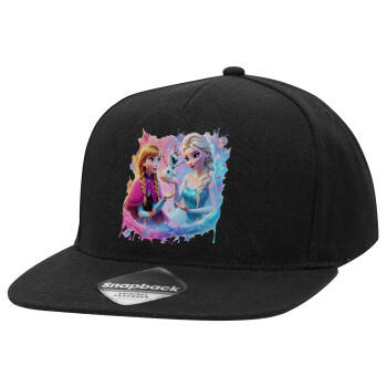 Elsa & Anna Princess, Adult Flat Snapback Hat Black, (100% COTTON TWILL, ADULT, UNISEX, ONE SIZE)