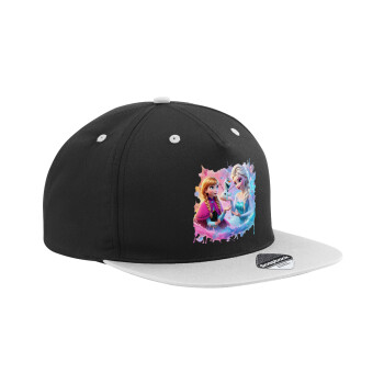 Elsa & Anna Princess, Adult Flat Snapback Hat Black/Grey, (100% COTTON TWILL, ADULT, UNISEX, ONE SIZE)