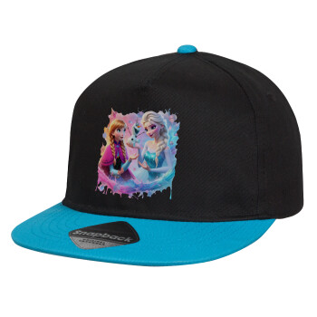 Elsa & Anna Princess, Child's Flat Snapback Hat, Black/Blue (100% COTTON, CHILD, UNISEX, ONE SIZE)