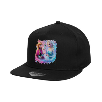 Elsa & Anna Princess, Children's Flat Snapback Hat, Black (100% COTTON, CHILD, UNISEX, ONE SIZE)