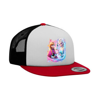 Elsa & Anna Princess, Adult Foam Flat Snapback with Mesh Red-White-Black (POLYESTER, ADULT, UNISEX, ONE SIZE)