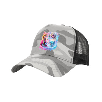 Elsa & Anna Princess, Adult Structured Trucker Hat, with Mesh, (Camouflage) Army Camo (100% COTTON, ADULT, UNISEX, ONE SIZE)