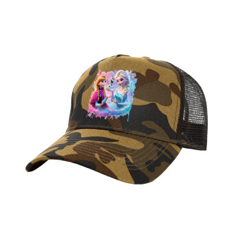 Elsa & Anna Princess, Adult Structured Trucker Hat, with Mesh, (Camouflage) Army (100% COTTON, ADULT, UNISEX, ONE SIZE)