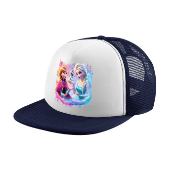 Elsa & Anna Princess, Adult Soft Trucker Hat with Dark Blue/White Mesh (POLYESTER, ADULT, UNISEX, ONE SIZE)