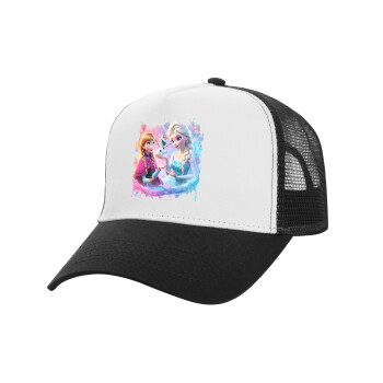 Elsa & Anna Princess, Adult Structured Trucker Hat, with Mesh, WHITE/BLACK (100% COTTON, ADULT, UNISEX, ONE SIZE)