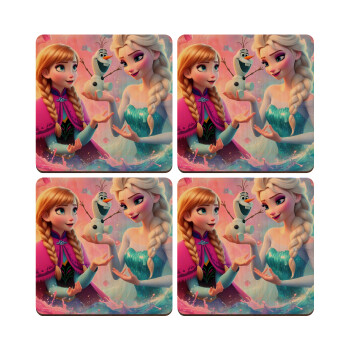 Elsa & Anna Princess, ΣΕΤ x4 Σουβέρ ξύλινα τετράγωνα plywood (9cm)