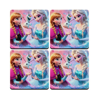 Elsa & Anna Princess, ΣΕΤ 4 Σουβέρ ξύλινα τετράγωνα (9cm)