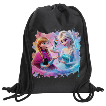 Elsa & Anna Princess, Backpack pouch GYMBAG Black, with pocket (40x48cm) & thick cords