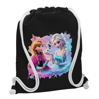 Elsa & Anna Princess, Backpack pouch GYMBAG Black, with pocket (40x48cm) & thick white cords