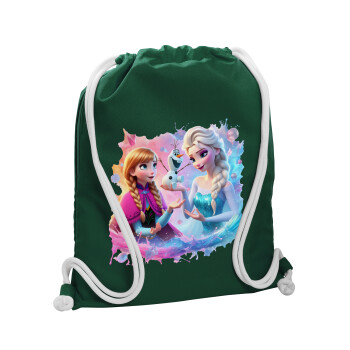 Elsa & Anna Princess, Backpack pouch GYMBAG BOTTLE GREEN, with pocket (40x48cm) & thick white cords