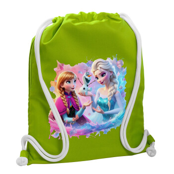 Elsa & Anna Princess, Backpack bag GYMBAG LIME GREEN, with pocket (40x48cm) & thick cords