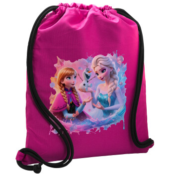 Elsa & Anna Princess, Backpack pouch GYMBAG Fuchsia, with pocket (40x48cm) & thick cords