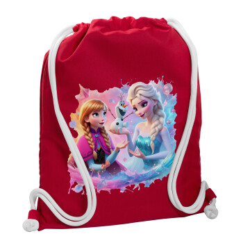 Elsa & Anna Princess, Backpack pouch GYMBAG Red, with pocket (40x48cm) & thick cords