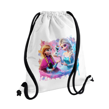 Elsa & Anna Princess, Backpack pouch GYMBAG white, with pocket (40x48cm) & thick cords