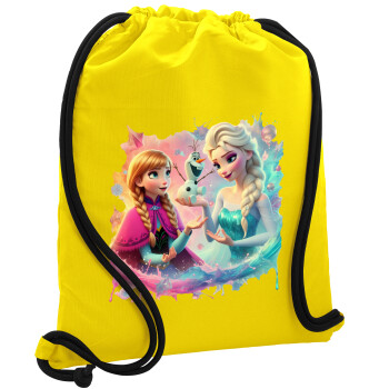 Elsa & Anna Princess, Backpack pouch GYMBAG Yellow, with pocket (40x48cm) & thick cords