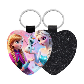 Elsa & Anna Princess, Μπρελόκ PU δερμάτινο glitter καρδιά ΜΑΥΡΟ