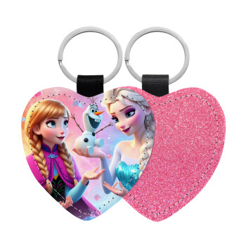 Elsa & Anna Princess, Μπρελόκ PU δερμάτινο glitter καρδιά ΡΟΖ