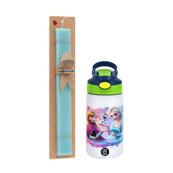 Elsa & Anna Princess, Easter Set, Children's thermal stainless steel bottle with safety straw, green/blue (350ml) & aromatic flat Easter candle (30cm) (TURQUOISE)