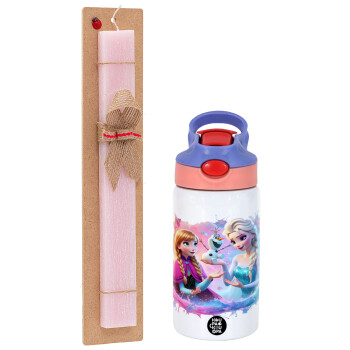 Elsa & Anna Princess, Easter Set, Children's thermal stainless steel water bottle with safety straw, pink/purple (350ml) & Easter scented flat candle (30cm) (PINK)