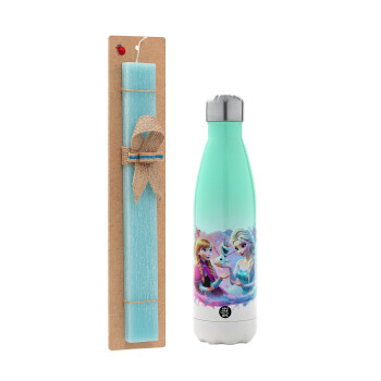 Elsa & Anna Princess, Easter Set, Metallic green/white thermos (Stainless steel), double-walled, 500ml & scented flat Easter candle (30cm) (TURQUOISE)